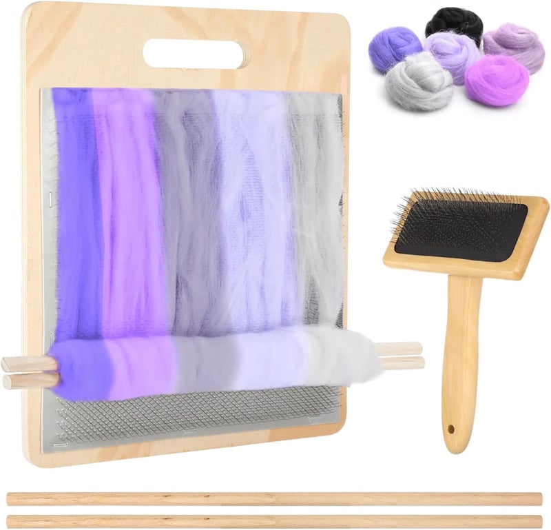 Varku 4 PCS Wool Blending Board Set, Wooden Carding Brush, 2 Wooden Sticks, Felted Wool Carder for DIY Projects, Wool Comb for Mixing - Image 1